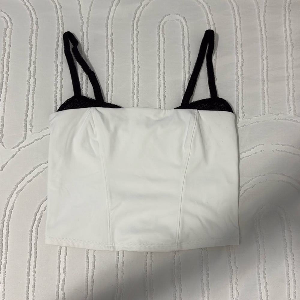 Garage White Corset Crop Top with Black Straps – Size XS